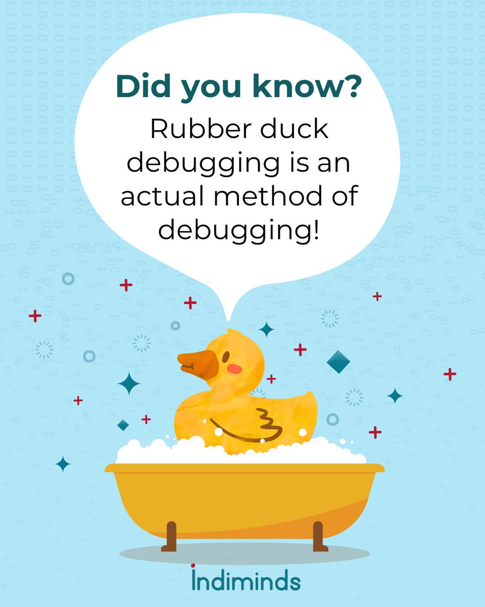Indimindstech's tweet photo. Did you know?💡🐥
Rubber Duck Debugging = explaining your code line by line to a rubber duck/any inanimate object.
No feedback, no magic, just clarity. Because often, the bug isn’t in the code. It’s in how we’re thinking about it.
#Indiminds #TeamIndiminds #RubberDuckDebugging https://t.co/uoPBUYTB5q