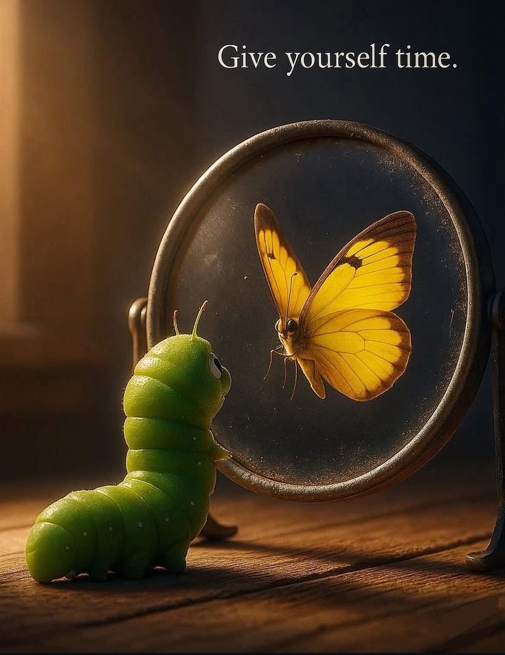 ongooooo's tweet photo. It’s a gentle but powerful image.

A caterpillar looking into a mirror and seeing a butterfly says this, "who you are now is not the final version of you"
The line “Give yourself time” matters because growth isn’t instant, visible, or linear. https://t.co/KdELNqZ2Zu