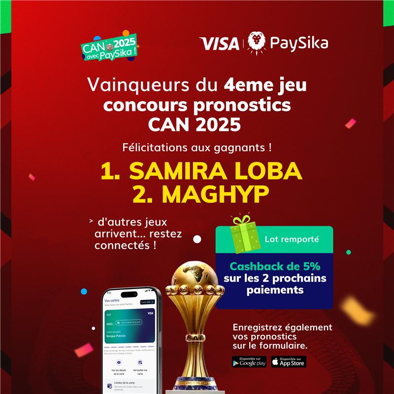 🏆 𝐑é𝐬𝐮𝐥𝐭𝐚𝐭𝐬 𝐝𝐮 𝟒ᵉ 𝐣𝐞𝐮 𝐜𝐨𝐧𝐜𝐨𝐮𝐫𝐬 𝐩𝐫𝐨𝐧𝐨𝐬𝐭𝐢𝐜𝐬 𝐂𝐀𝐍 𝟐𝟎𝟐𝟓 🏆

Félicitations à nos heureux gagnants 👏🎉
🥇 Samira Loba
🥈 Maghyp

🎁 Lots remportés :
💰 5% de cashback sur les 2 prochains paiements avec PaySika
Ps: Vous devez absolument faire les
