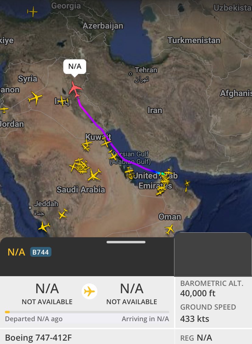 ‼️—-This is an interesting flight. A Boeing 747-412F, which is a nose-door freighter is flying out of the UAE with no callsign, no registration number and no departure or destination location.

It is also flying at 40,000 feet or FL400, which is interesting as most heavily loaded