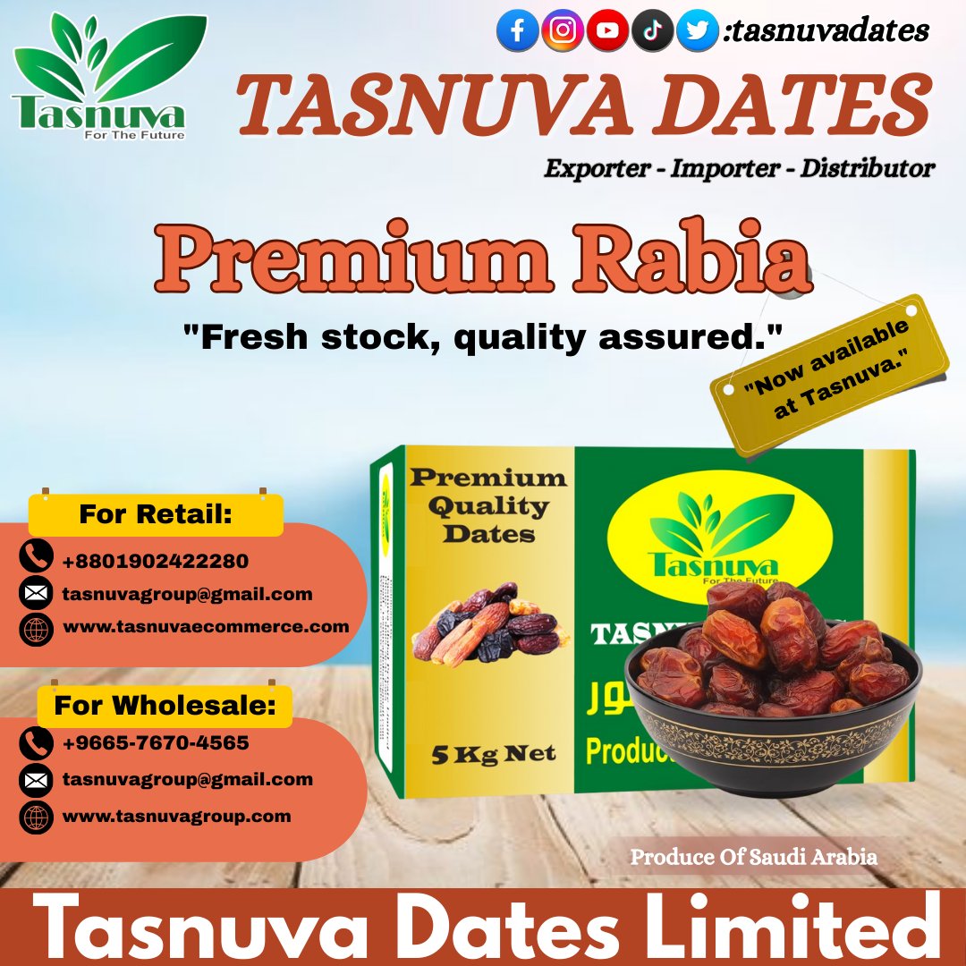 tasnuvadates's tweet photo. Premium Rabia
"Classic sweetness from Saudi"
Rabia খেজুর—নরম, স্বাদে ভরপুর এবং পুষ্টিকর।প্রিমিয়াম মানের খেজুর, প্রতিদিনের ব্যবহার বা উপহারের জন্য।
For Retail
📞 +8801902422280
📧 tasnuvagroup@gmail.com
🌐 https://t.co/VJBpzJ3CXp
For Wholesale
📞 +9665-7670-4565 https://t.co/lMW5tALNan