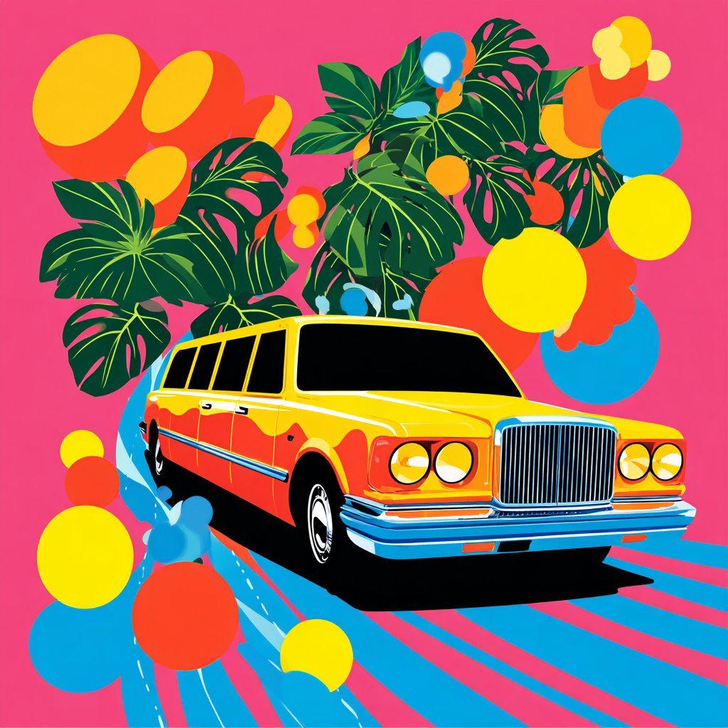 This style features bold, flat graphics with high-contrast colors, incorporating rhythmic patterns, animal prints, and dense floral designs for a lively modern pop-art aesthetic.