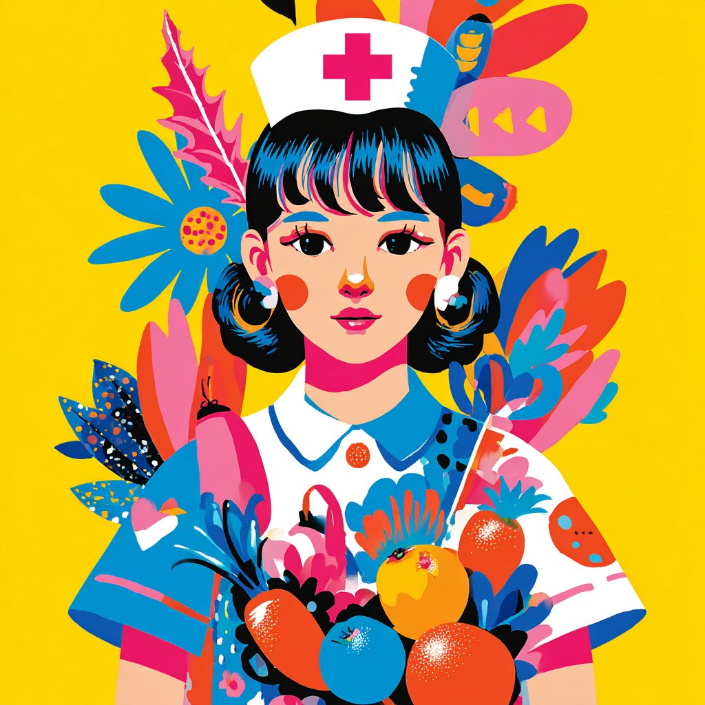 This style features bold, flat graphics with high-contrast colors, incorporating rhythmic patterns, animal prints, and dense floral designs for a lively modern pop-art aesthetic.