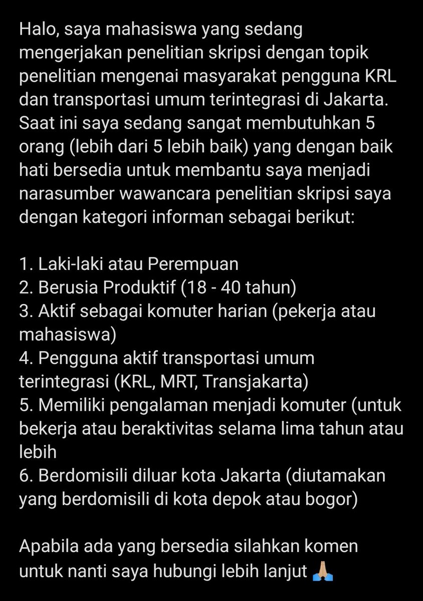 Matteshq's tweet photo. Halo semua, apabila ada yang berkenan dan bersedia boleh bantu reply ya untuk nanti aku hubungi lebih lanjut. Terima Kasih
#KRL #CommuterLine #Transjakarta #MRTJakarta #Jakarta #Depok #Bogor #Manggarai #Sudirman #Cawang #Tebet #Integrasi #Transportasi #TransportasiUmum #Stasiun https://t.co/f6y9Rm4b5Z