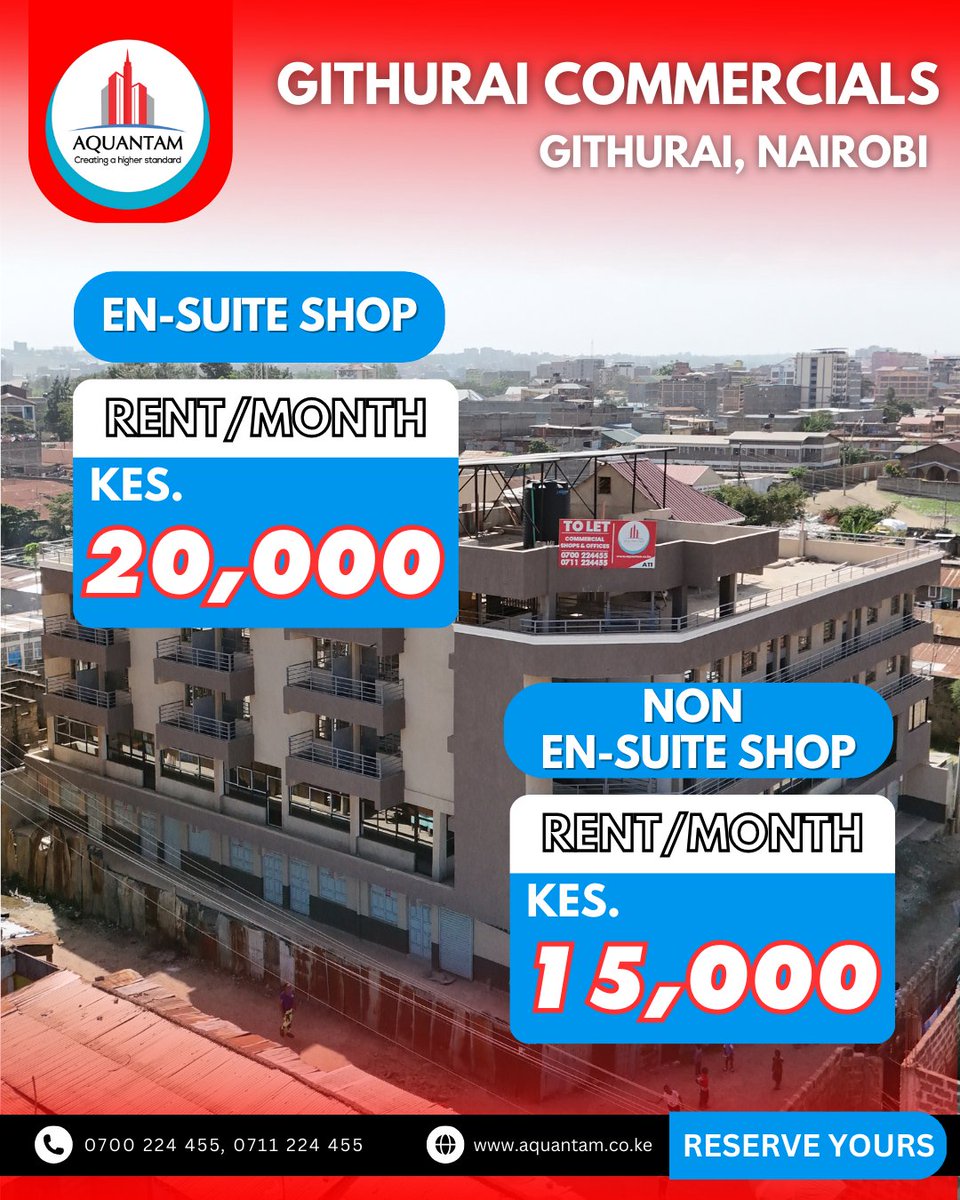 AquantamGroup's tweet image. Now leasing prime commercial shops &amp;amp; offices in Githurai! 🏢
Modern, flexible spaces with power &amp;amp; water, fiber-ready internet, parking, signage &amp;amp; 24/7 security.
💰 En-suite: KES 20K | Non en-suite: KES 15K
📞 0700 224 455 / 0711 224 455
#Githurai #CommercialSpace #OfficeSpace