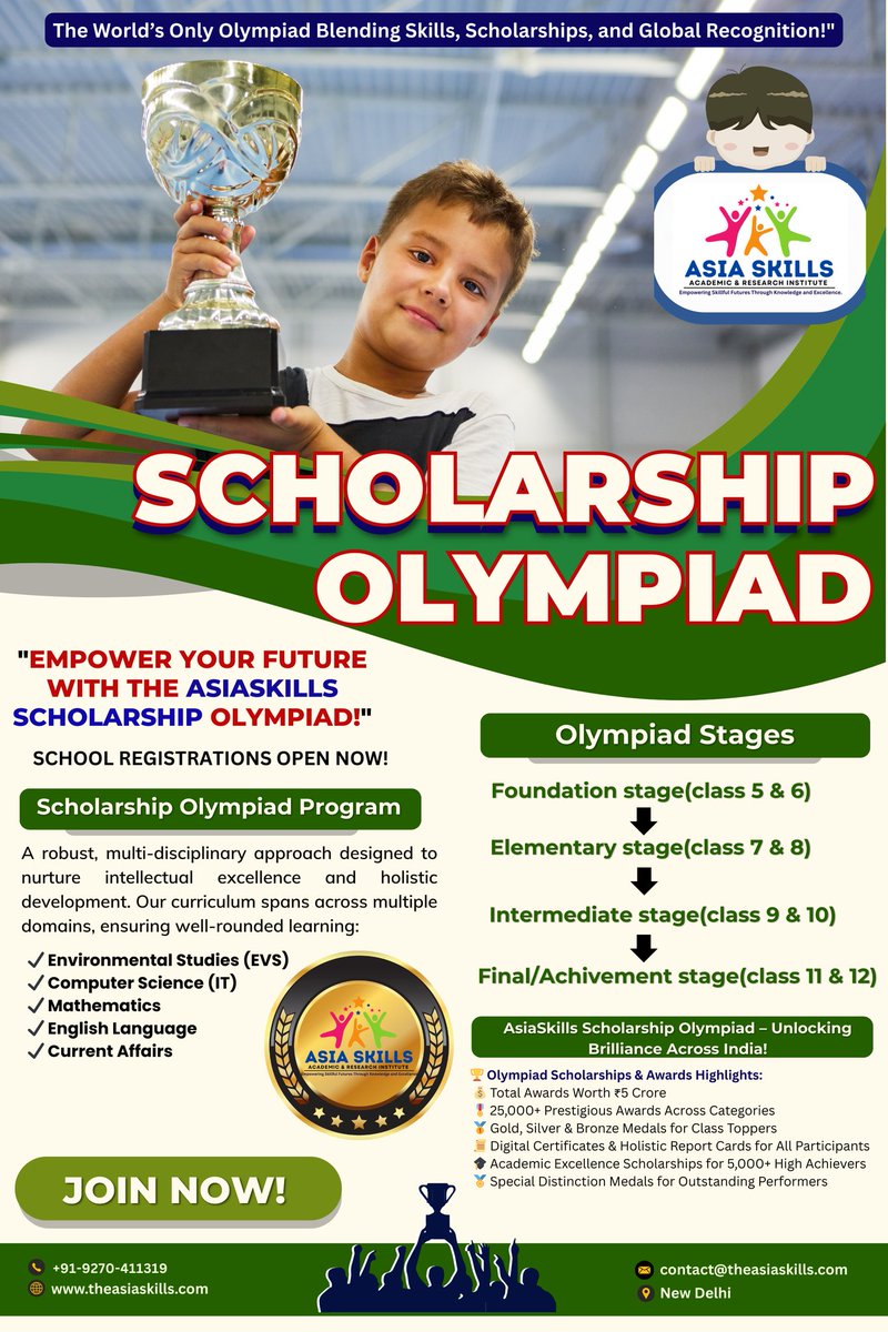🎓 AsiaSkills Scholarship Olympiad 2025 | School Registrations Open! 🚀

Grades 5–12 | Maths • Science • English 
🔗 Register: lnkd.in/e9_PeVJ9
🌐 theasiaskills.com

#AsiaSkillsOlympiad2025 #NEP2020 #NCF2023 #EducationIndia #SkillIndia #StudentSuccess