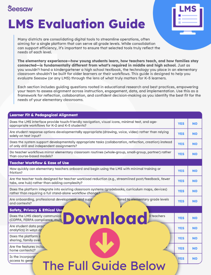 Seesaw's tweet photo. 📊 Evaluating an elementary LMS for your district? Ask whether it truly supports how young learners think, create, and engage, not just how older students do.

👉 Grab the evaluation guide here: https://t.co/qxh9hA0MN7

#LearningManagementSystem #LMS #K5Learning #ElementaryLMS https://t.co/gRgrXuEYvV