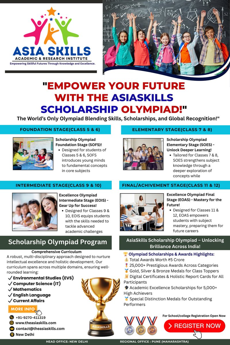 🎓 AsiaSkills Scholarship Olympiad 2025 | School Registrations Open! 🚀

Grades 5–12 | Maths • Science • English 
🔗 Register: lnkd.in/e9_PeVJ9
🌐 theasiaskills.com

#AsiaSkillsOlympiad2025 #NEP2020 #NCF2023 #EducationIndia #SkillIndia #StudentSuccess