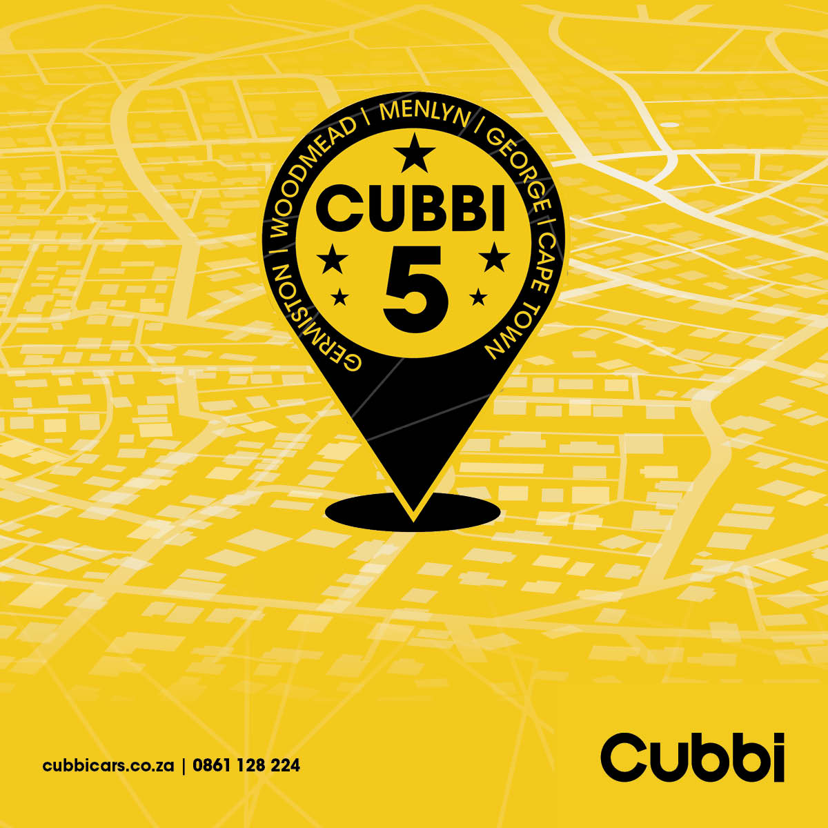 From Germiston to George, Cubbi is showing up strong with 5 locations across South Africa. 

That’s 5 times the convenience, 5 times the service, and 5-star vibes all round.

Find your nearest branch at cubbicars.co.za.