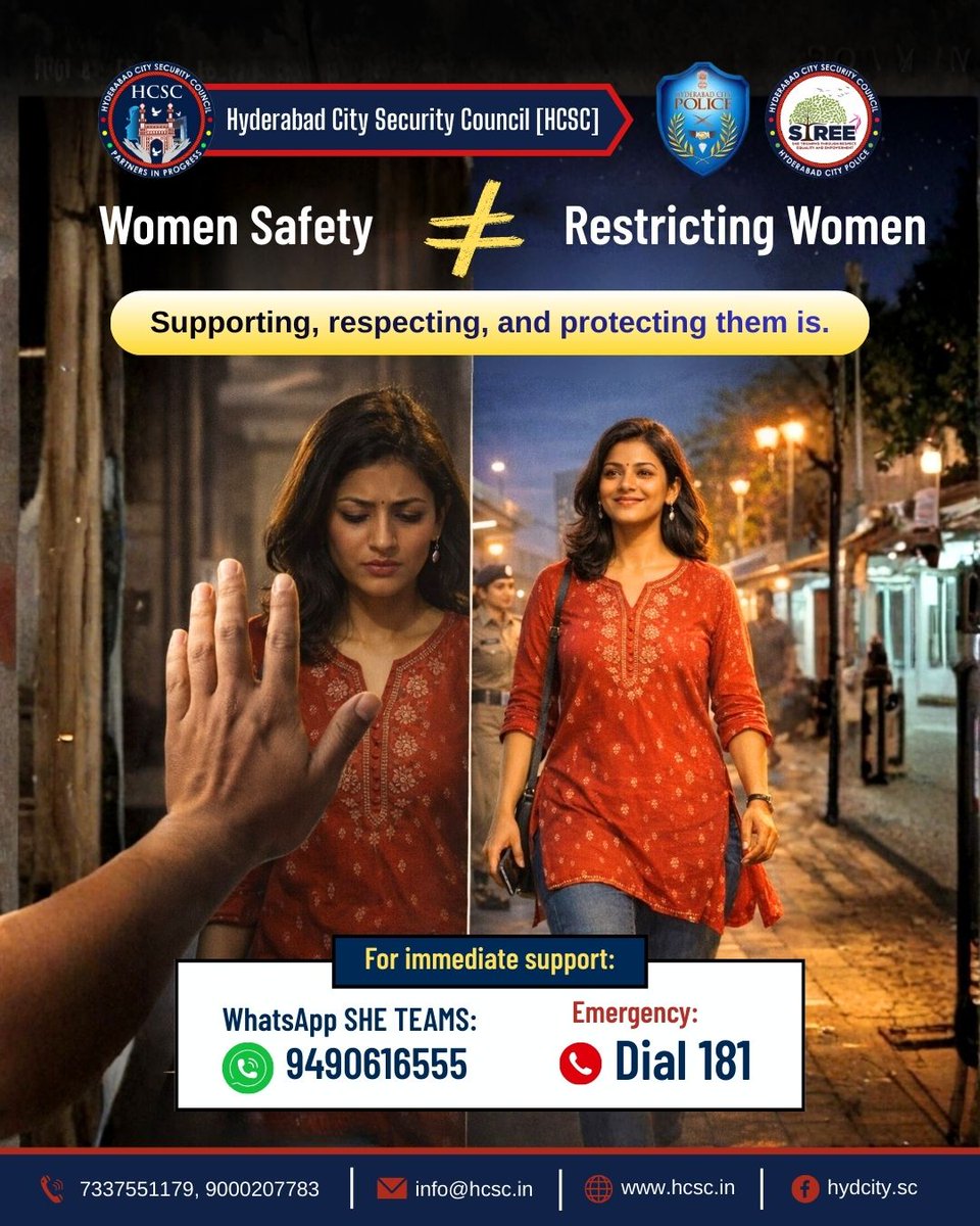 HCSC_Hyd's tweet photo. True safety isn’t about restricting women—it’s about respect, support, and freedom wherever they go. Let’s build safety through empowerment and collective action. Need help? WhatsApp SHE TEAMS: 9490616555 | Dial 100. #WomensSafety #SafetyIsFreedom https://t.co/KWfAx9rAgQ