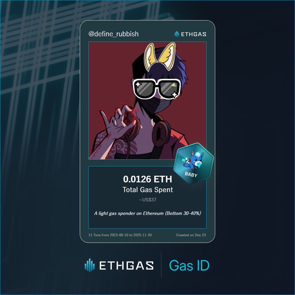 define_rubbish's tweet photo. Just unlocked my Gas ID via ETHGas 🪪

I'm a Baby Jack with 0.0126 ETH spent on gas since Beacon Chain - now fueling my climb to the Gasless Future and earned 2 Beans already. 

Reveal yours at https://t.co/iUb35mxMJz https://t.co/1kgzquPjU1