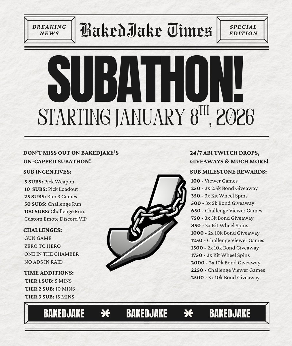 BakedJake's tweet image. With @ArenaBreakoutPC S4 on the way, We are going to be doing our first major subathon! 

24/7 ABI Twitch Drops , 100K Bonds Giveaways , Challenges and plenty more coming! 

Also, I'll be giving out 5k Bonds to 2 People who Like, Retweet and @ 2 ABI Homies down below! 

#ABI #S4