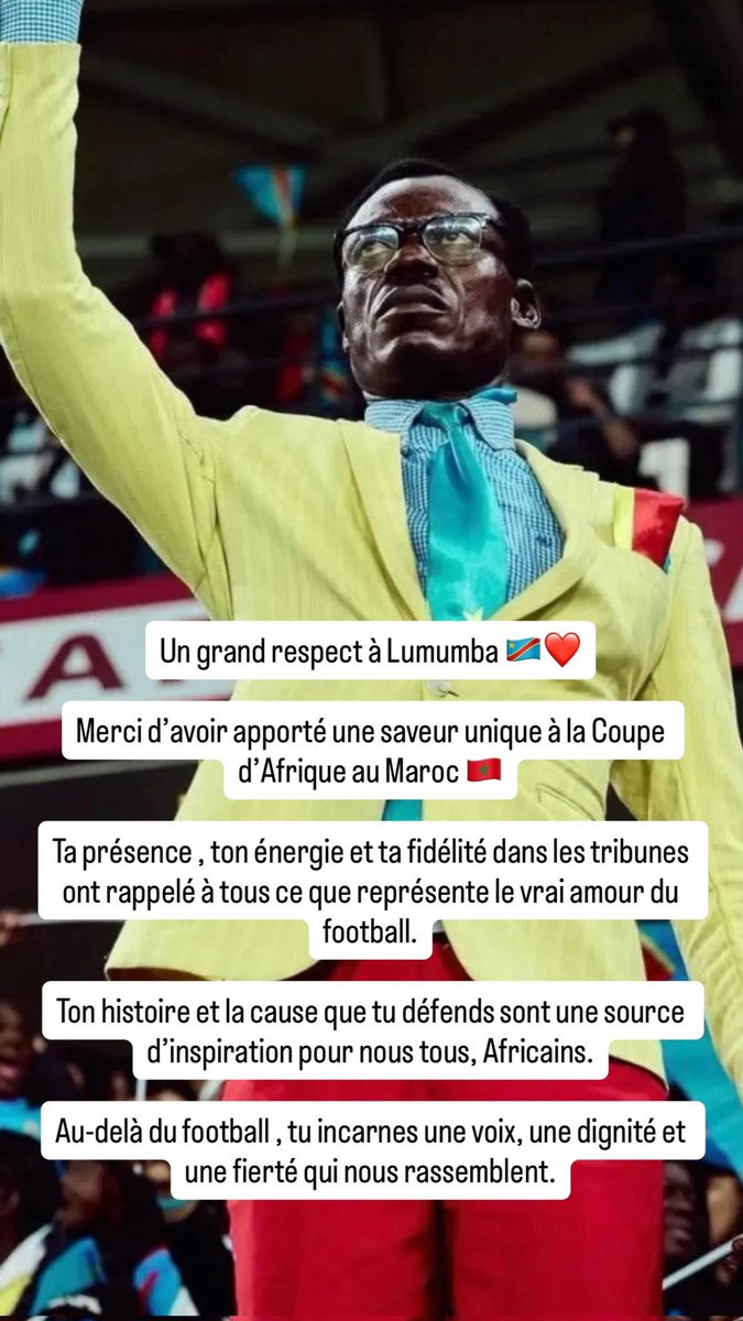 Merci au Maroc 🇲🇦 , qui a véritablement rendu hommage à notre compatriote en faisant de la CAN un événement de joie, de créativité et surtout de mémoire historique.
Le Maroc est un pays très hospitalier, et les Marocains portent beaucoup d’affection aux Congolais.