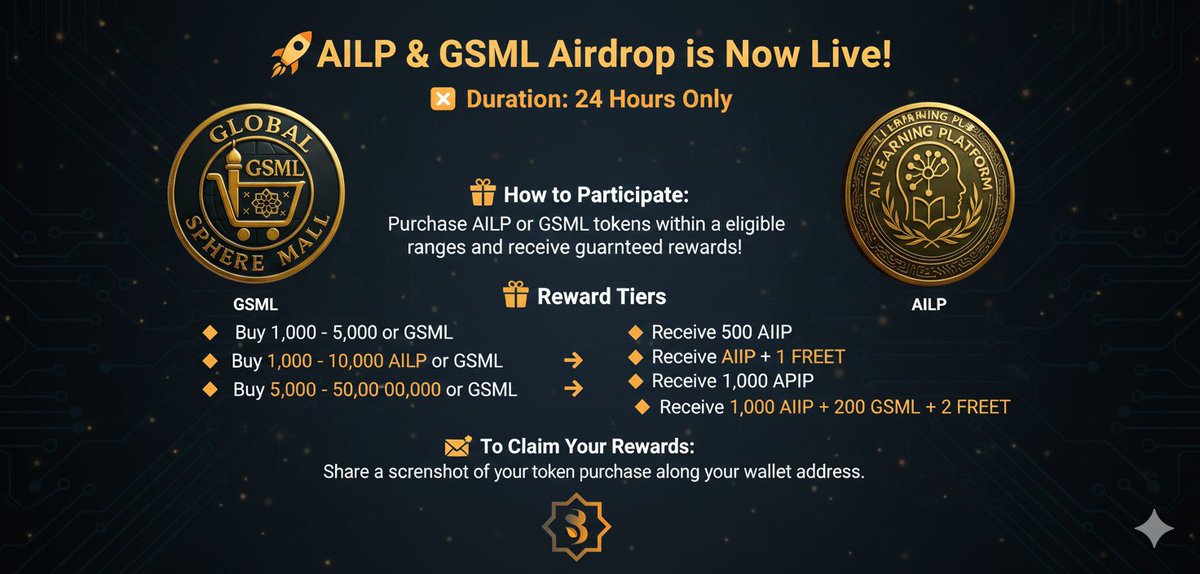 🚀 AILP &amp; GSML Airdrop is Now Live!
⏳ Duration: 24 Hours Only
You can get Freet GSML and AILP ! 
🎁 How to Participate:
Purchase AILP or GSML tokens within the eligible ranges and receive guaranteed rewards!
💰 Reward Tiers
🔹 Buy 1,000 – 5,000 AILP or GSML
➡️ Receive 500 AILP
