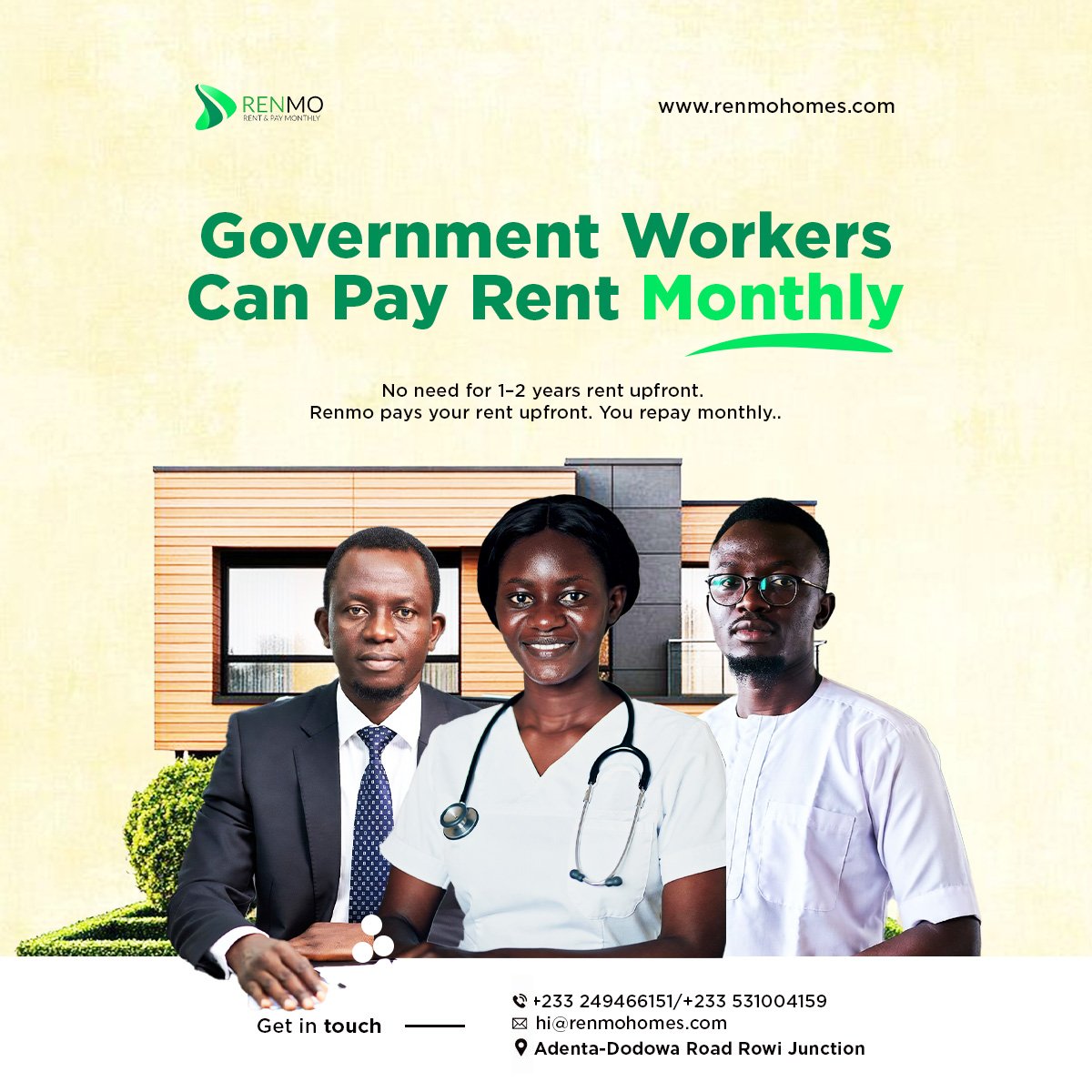 RenmoHomes's tweet photo. Government workers, rent stress is over. 🇬🇭🏠
Apply today and start paying rent monthly 👇
🌐 https://t.co/FoUfl9DIhK
#RenmoHomes #RentAndPayMonthly #GovernmentWorkers #MonthlyRent #AffordableRent #GhanaHousing #RentSmart #NoMoreAnnualRent https://t.co/n3Fhdii5MQ