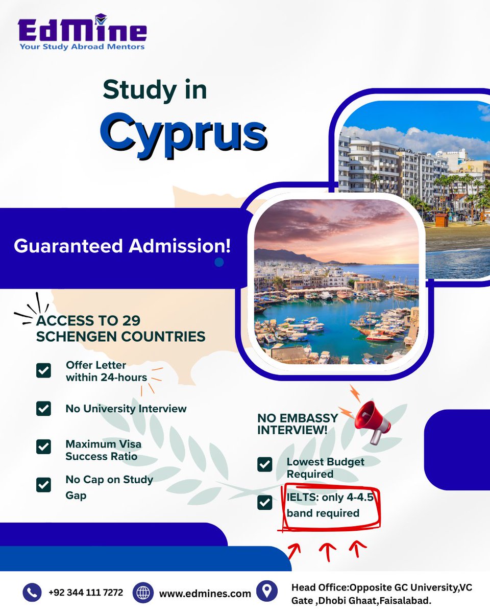edmine_official's tweet photo. Looking for budget-friendly study abroad with Europe access? Cyprus offers quick admissions, no interviews, low IELTS score, and smooth visa process.
#StudyInCyprus #CyprusUniversities #StudyAbroad2026 #SchengenStudy #EuropeanEducation #LowBudgetStudyAbroad #GuaranteedAdmission https://t.co/0CsqUboRRX
