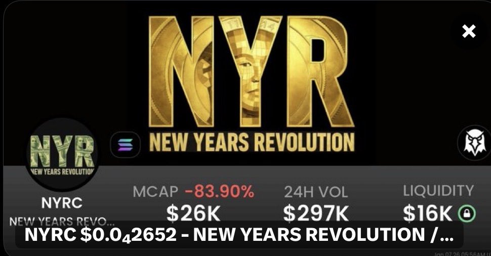 ajr122784's tweet photo. ๐ $NYRC - New Years Revolution on Solana!
A mindset: Hold strong, build community, no rugs or dumps. Endless revolution! ๐๐
Price: $0.00002652 | MC: $26K | 24h Vol: $297K | Liq: $16K
CA: 3YXSUutB3kNmE3m5seHE25NDk9SckXTa46js4ZuEpump
#NYRC ๐ฅ
@Mike1114514 https://t.co/JDIc65RbQp