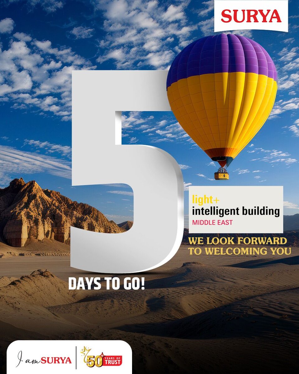 surya_roshni's tweet photo. 𝟱 𝗱𝗮𝘆𝘀 𝘁𝗼 𝗴𝗼!

Light + Intelligent Building Middle East

See you in Dubai.

#SuryaRoshni #LightIntelligentBuilding #LightMiddleEast2026 #CountdownBegins #SmartLighting #IntelligentBuildings #FutureReady #GlobalInnovation #DubaiEvents #BuildingTomorrow #LightingSolutions https://t.co/3vsxqPrIXA