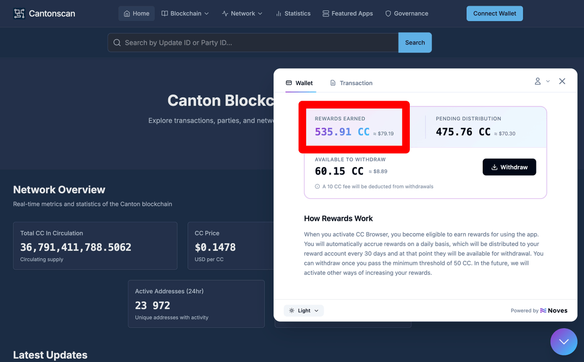 CantonArmy's tweet image. New drop for the new year! 🎉

Explore + Earn CC Rewards!

Canton Army is teaming up with @Noves_fi to share CCBrowser: a Chrome extension that makes transactions human-readable on Canton block explorers (and rewards you for using it).

This week (until Jan 12th):
🎟️ Raffle: 20…