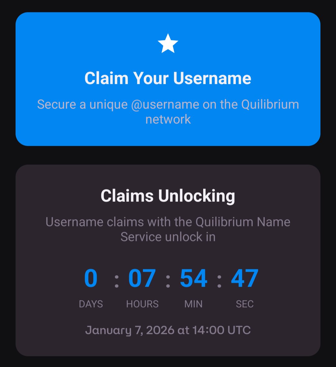 Quilibrium Name Service is launching today at 14.00 UTC for whitelisted users 🥳

If you had signed up for Quorum mobile app beta release, you should have received an invite link to claim one username via the mobile app (update the app using the little "sparkles" icon in the