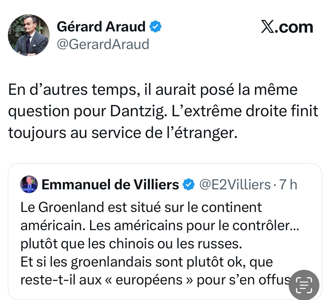 Cet inconséquent condescendant écrivain sans lecteurs <a href="/GerardAraud/">Gérard Araud</a> insulte mon père à titre posthume, pupille de la nation, croix de guerre 39-45, combattant volontaire de la résistance, médaillé des évadés. M. Araud ´, lui qui a vécu grassement tranquille au chaud sur la