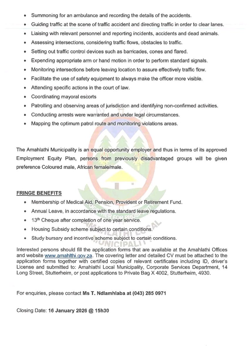 RMakukuli's tweet image. TRAFFIC OFFICER – VACANCY AVAILABLE

Amahlathi Local Municipality invites suitably qualified candidates to apply for the position of Traffic Officer.

📌 Position: Traffic Officer

📅 Closing Date: 16 January 2026

📝 How to Apply:
Application details to be provided by the…