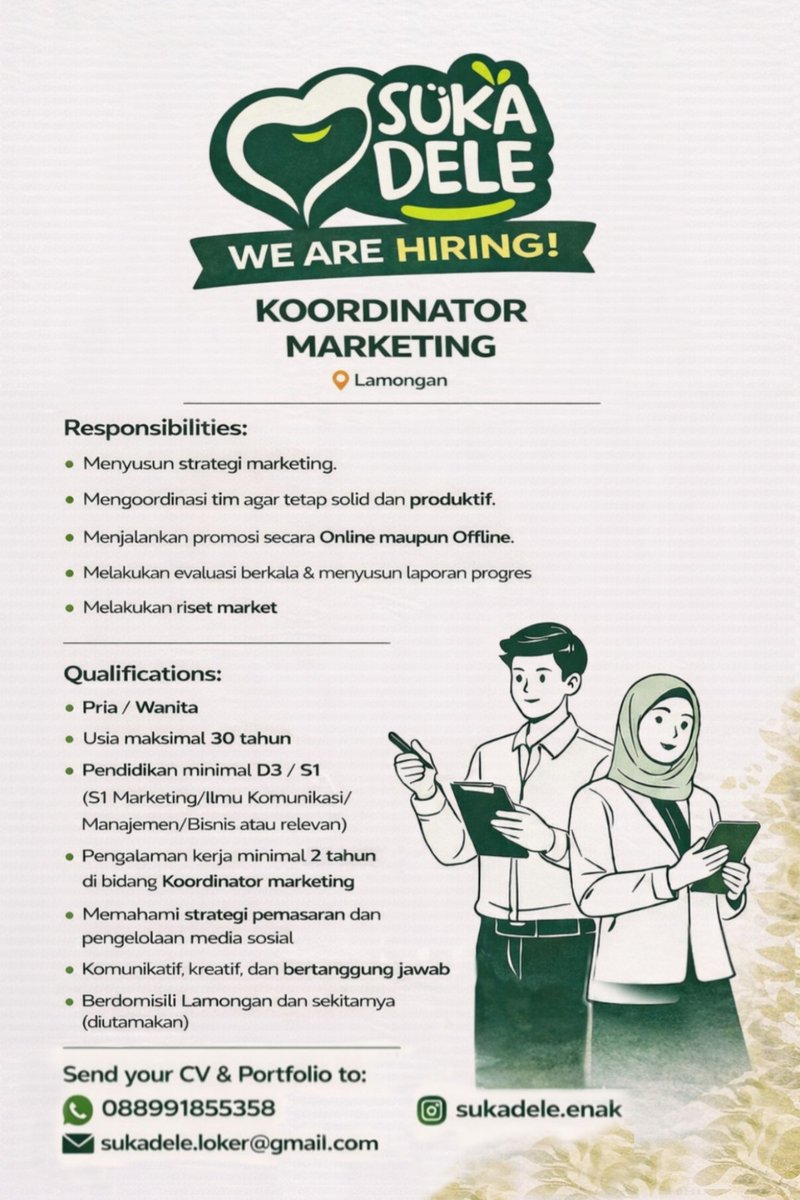 ardiiard_'s tweet photo. 📢Lowongan Kerja Lamongan
Koordinator Marketing

Punya jiwa leadership &amp; suka dunia marketing?
Yuk gabung bareng Sukadele! 

📩 Kirim CV &amp; Portofolio:
WhatsApp 088991855358

#lokerlamogan #lowkerlamongan #lokermarketing #marketinglamongan #lowongankerjamarketing  #lamongan https://t.co/6lnAiC4Hb5