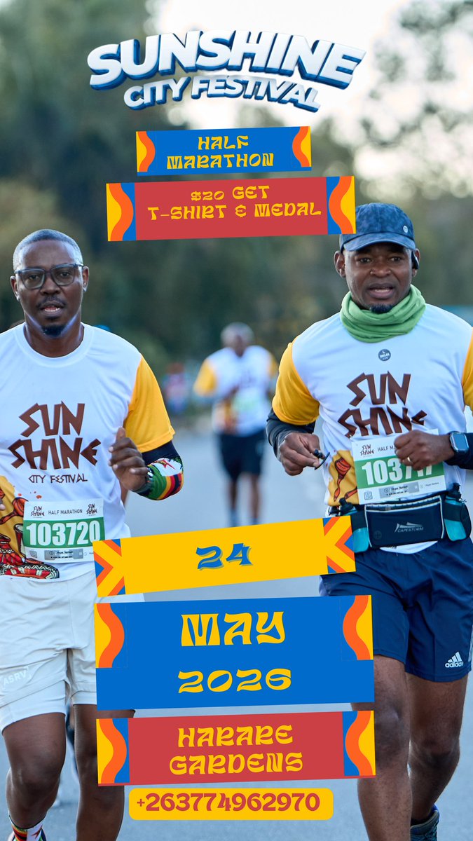 TambaEvents's tweet image. Registration for Sunshine City fest 2026 half marathon now open

5km - 10km - 21km get your running shoes ready it's time to conquer harare. 

We have limited t-shirts and medals so Register early to secure yours

077 496 2970 

#sunshinecityfest2026
#VisitHarare