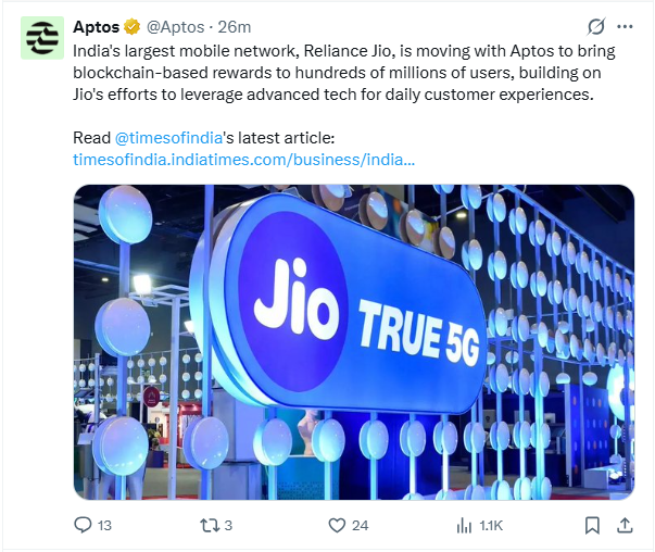 _ChainShots's tweet photo. @Aptos  × @reliancejio 🇮🇳

India is now Aptos’ biggest growth engine. 

@Aptos has ~20M active wallets today.
Over 50% come from India - its largest user base.

This isn’t driven by traders or DeFi yield farming. 

What’s actually driving it:
• @reliancejio partnership
• Consumer apps like @Chingari_IN, @getstanapp, @KGeN_IO on Aptos
• Focus on payments, loyalty, gaming & social 

Why this matters👇
Most blockchains grow via capital.
$APT is growing via users.

The Jio partnership hints at something bigger:
→ Web3 infra plugged into mass-scale Web2 distribution
→ Millions onboarded without knowing or caring about “crypto”