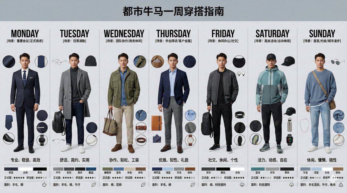 yyyole's tweet photo. 迭代！一下搞定一周的穿搭参考指南！！

太太说我是一个不会穿搭的人，当然我自己不这么觉得，我觉得穿搭干净得体为上，至于颜色怎么搭，我确实不知道，但我知道黑白灰通吃！

前两天有个事情，突然让我郑重的思考这个事情，和小舅子两个同学一起吃饭，他们对我的评价是，完全看不出来是30多岁的人。

他们居然看不出我经历的岁月沧桑！！！
我觉得，抛开发型不说，穿搭应该出了问题，至少和年纪是不符的。什么场合，什么年纪应该怎么穿搭，还真没有很仔细的研究过。

这次搞出个提示词，主要目的就是学习，就想看看不同的职业、身份、年龄，不同的场景需求应该是怎样的穿搭，回头也参考着提升一下自己的“搭商”。

结果，一发不可收拾，这玩意可玩性还挺高，还能猎奇，比如夜场达人怎么穿，需要外出私会的少妇怎么穿………
