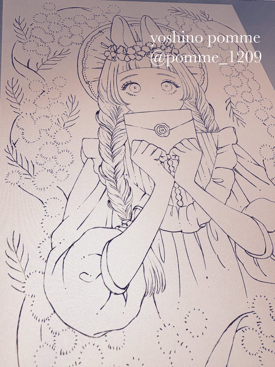 メイン額装の線画です🟡✨🌿 ミモザのリースは着彩でいい感じに