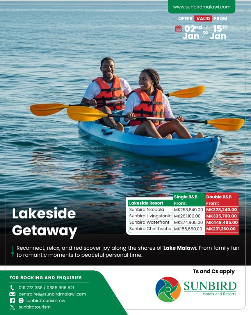 Start 2026 ☀️ with a Sunbird getaway😎. Relax, recharge and discover Malawi's beauty🌴 at any Sunbird Hotel or Resort.

Book now and enjoy affordable rates. Contact📞 0111 773 388/0885 996 521 or email📧 centralres@sunbirdmalawi.com to make your booking.

#thesunbirdexperience
