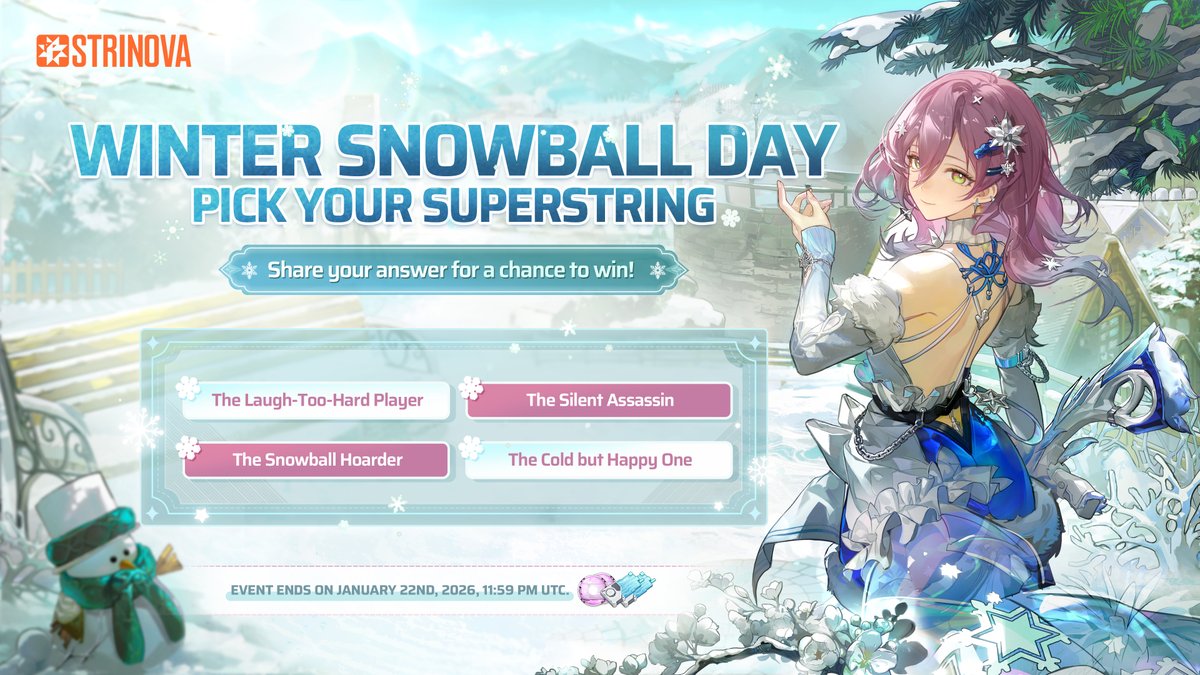 Strinova_EN's tweet image. Prize Event | It's Snow Fight Time!

Winter has arrived, and the Superstrings are wrapped up and ready for snowball fun! ⛄❄️

In this frosty battle, each character has a unique snowball move — can you guess which Superstring is behind each snowy action? Leave your match in the…