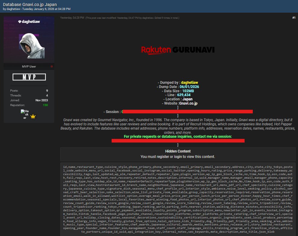 H4ckmanac's tweet image. 🚨Cyber Alert ‼️

🇯🇵Japan - Gurunavi (Rakuten Gurunavi)

daghetiaw threat actor claims to have breached Gurunavi (Rakuten Gurunavi).

Allegedly, the attackers exfiltrated over 639,000 records, including emails, phone numbers, addresses, reservation details, user names, restaurant…