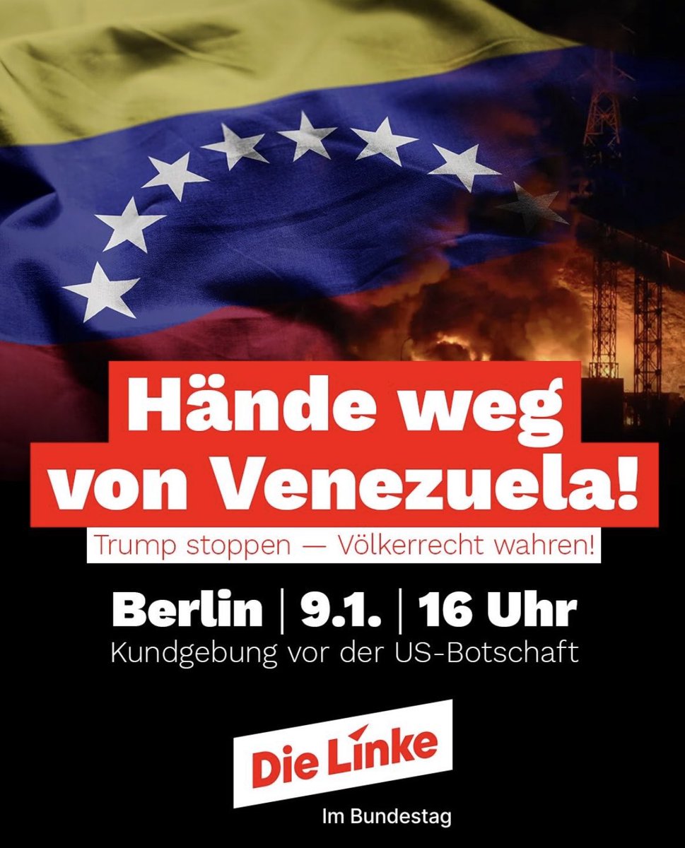 Wir sagen Nein zu Trumps imperialer Machtpolitik! Den USA geht es um Macht, Öl und politischen Einfluss. Doch beim Völkerrecht darf es keine doppelten Maßstäbe geben.

Setzt mit uns ein Zeichen!

📍Freitag, 16 Uhr, Pariser Platz

dielinkebt.de/themen/nachric…