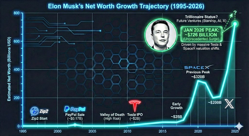 ELON MUSK WEALTH CURVE GOES VERTICAL IN 2026🚨

    Musk’s fortune shows an unprecedented second hockey-stick surge, allegedly nearing $726B by January 2026.

    Early gains came from PayPal, followed by near-collapse in 2008. 

   Long-term value creation at Tesla and SpaceX