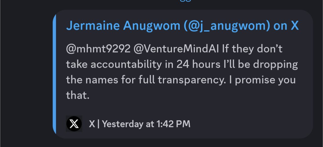 I don't know if you have been following the #ThetaLawsuits / #Scamville2 RE: <a href="/mitchliu/">Mitch Liu | Theta Network</a>'s alleged coin dumping, but it's pretty interesting <a href="/j_anugwom/">Jermaine</a> <a href="/VentureMindAI/">VentureMind AI</a> 

Maybe you want to address accountability and drop names, or go back to your deleted tweet (below) and look away?