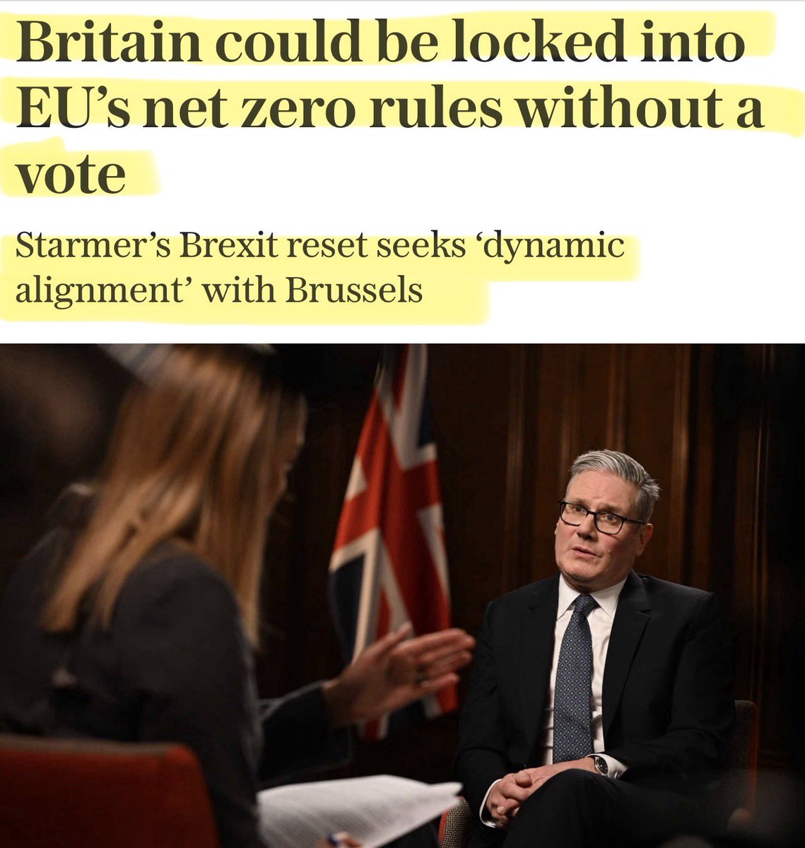 Artemisfornow's tweet image. Starmer giving the UK to the EU under “Dynamic alignment” 

This means the UK follows EU rules we don’t vote on, can’t veto &amp;amp; can’t leave. it’s rule taking without representation, exactly what Brexit rejected.

He’s basically handing key policy control to a foreign bloc.
