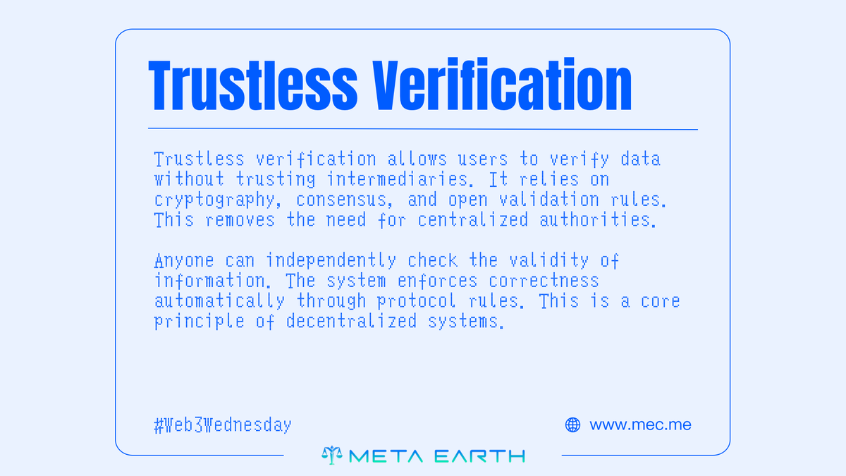 _MetaEarth_'s tweet photo. #Web3Wednesday 🔍

Trustless Verification is buying fruit from a farm stand instead of a supermarket. You see the trees, the farmer, and the harvest. No middleman.

✔️ In #Web3, you do not rely on anyone to tell you data is real because you can verify it yourself.

#MetaEarth brings that same transparency to identity, rewards, and value movement. Explore how data proves itself with Meta Earth 👉 https://t.co/M17lEg4GsN

#Onchain