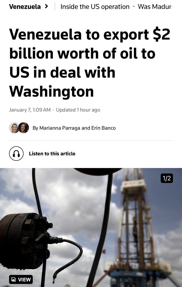 Il Venezuela esporterà negli Usa 2 miliardi in greggio destinato alla Cina

Possibili titoli

Rimosso pericoloso dittatore comunista

Autodifesa

Liberato il popolo venezuelano

Difesi i valori occidentali 

Trovate armi di distruzione di massa, le cercavamo dal 2003