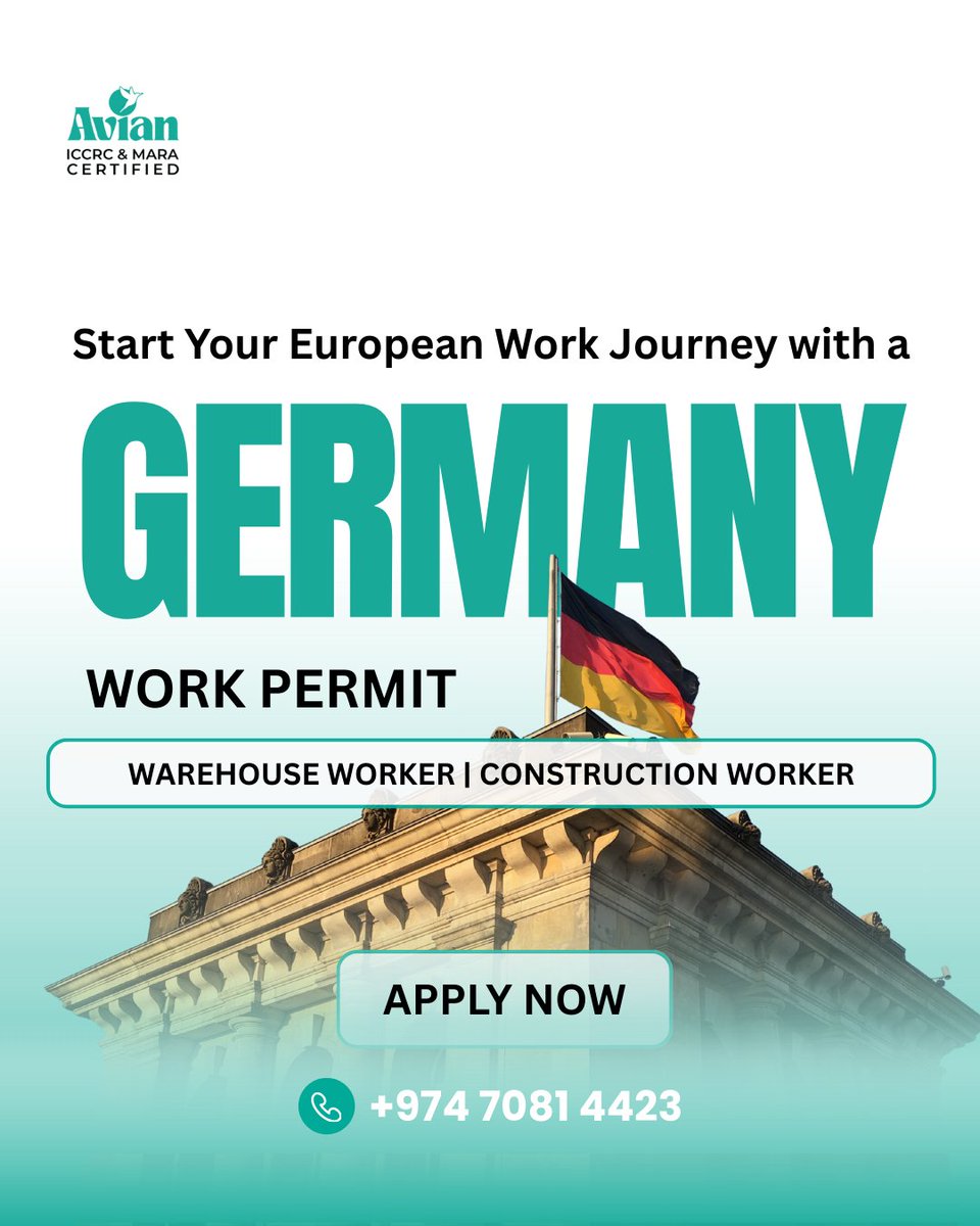 AvianGlobal's tweet image. Start your European work journey with a Germany Work Permit.
Strong demand, stable jobs, and a clear path to long-term opportunities in Europe.

Apply now and move your career forward.
📞 Contact: +974 7081 4423

#GermanyWorkPermit #WorkInGermany #EuropeJobs #OverseasWork
