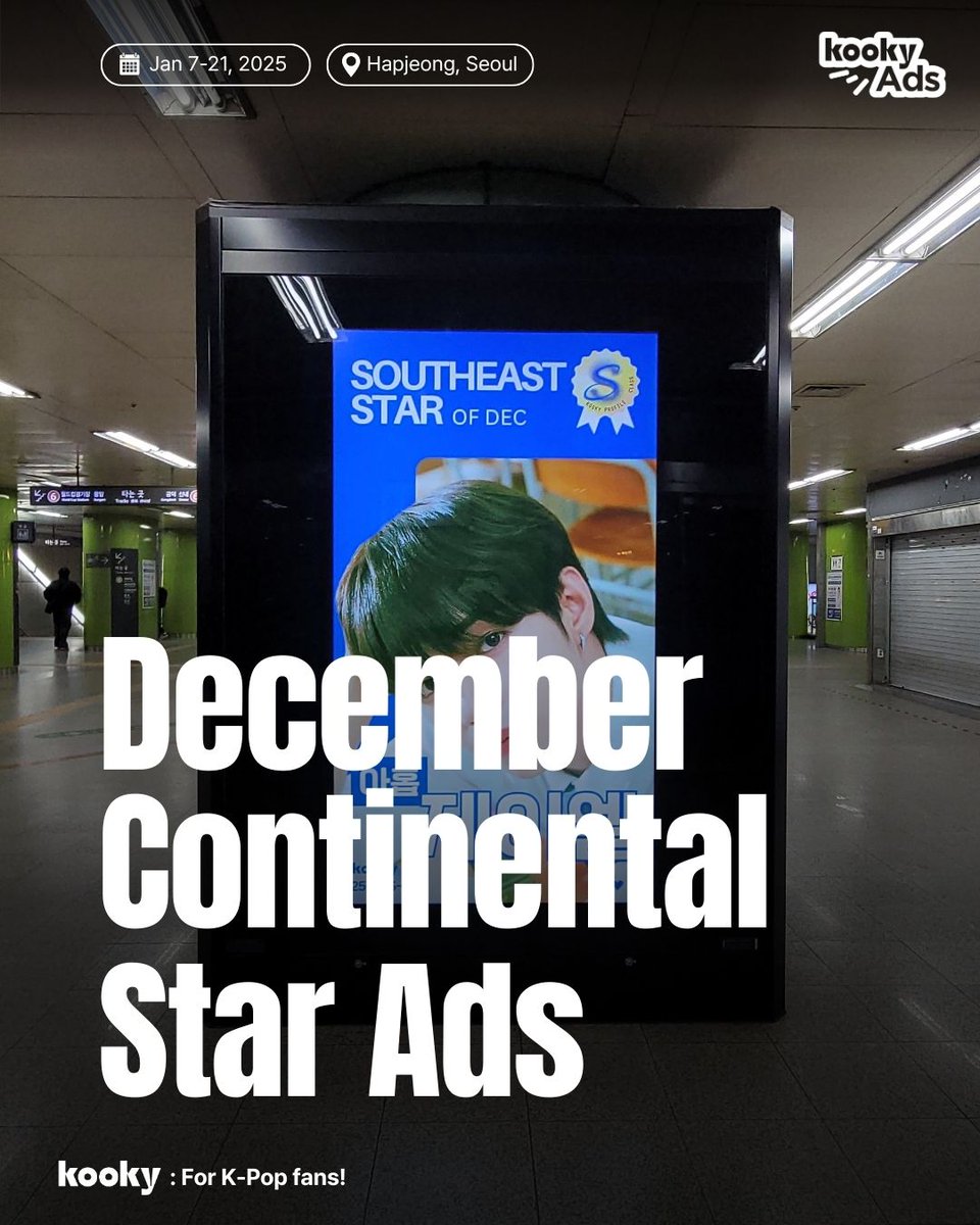 kooky__official's tweet image. ✨ Monthly Continental Star | #AmericasStar_Dec
🔗 kookylinkpage.kooky.io/content/reward…

#아홉 #제이엘 #AHOF #JL is now appearing at Hapjeong Station in Seoul!!

🎁 #KookyAds Subway ads (2 Screens)
📅 Jan 7~21, 2026 (15 Days)
📍Hapjeong Station B3
🔗kookylinkpage.kooky.io/event/39915

Check-In event!…