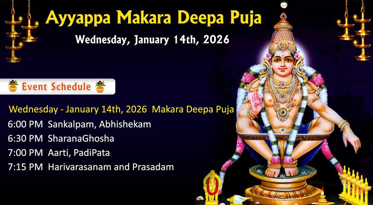 Ayyappa Makara Deepa Puja Celebrations
Wednesday, January 14th, 2026
livermoretemple.org/cms/wp-content…