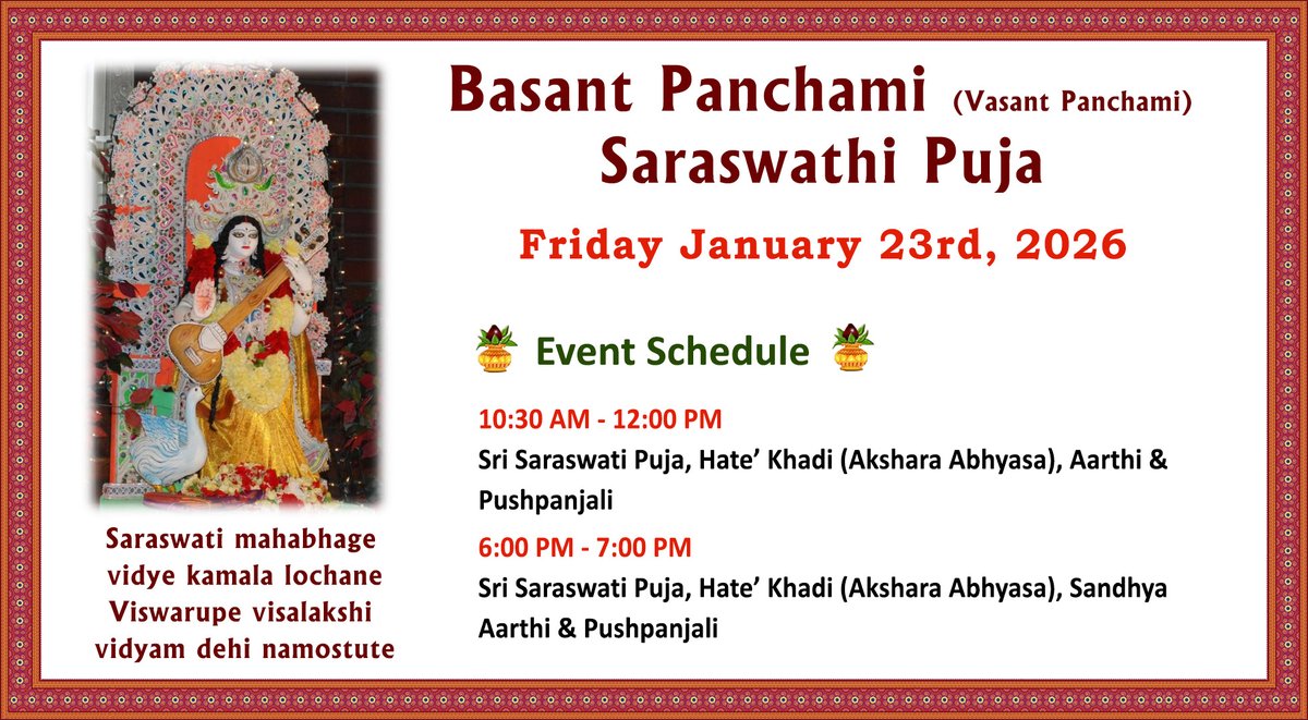 Basant Panchami (Vasant Panchami) Saraswathi Puja
Friday January 23rd, 2026
livermoretemple.org/cms/wp-content…