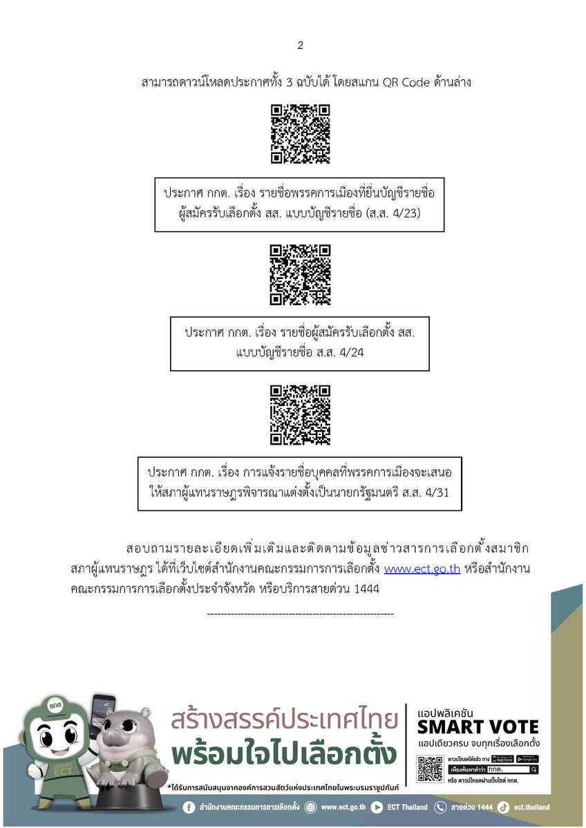 📣 กกต. ประกาศแล้ว
รายชื่อพรรคการเมืองที่ยื่นบัญชีรายชื่อ ส.ส.
รายชื่อผู้สมัคร ส.ส. แบบบัญชีรายชื่อ
และรายชื่อบุคคลที่พรรคเสนอเป็นนายกรัฐมนตรี
📌 ตรวจสอบข้อมูลได้ที่หน่วยเลือกตั้งใกล้บ้าน
🌐 ect.go.th | ☎️ 1444

#กกต #เลือกตั้ง #บัญชีรายชื่อ #สส #นายกรัฐมนตรี