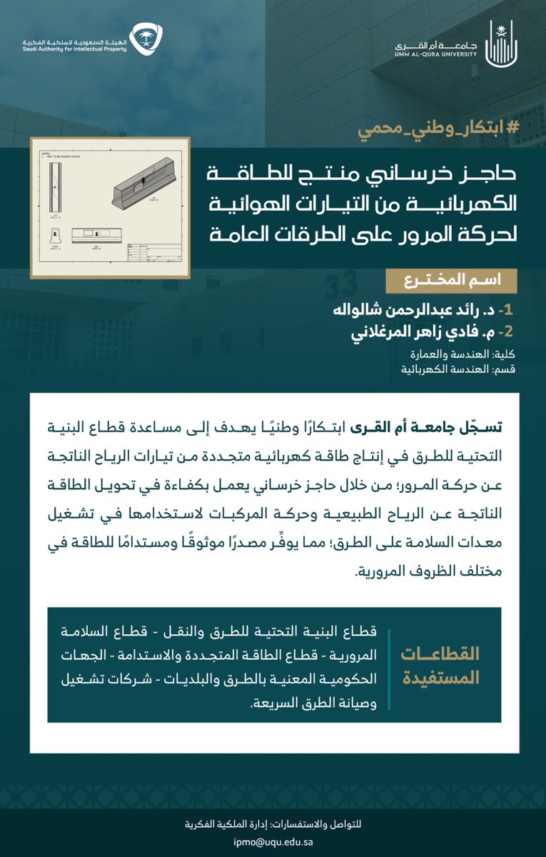 #قصة_مبتكر 

د. رائد شالواله عضو هيئة التدريس في كلية الهندسة والعمارة، و م. فادي مرغلاني من معهد الابتكار وريادة الأعمال في #جامعة_أم_القرى⁩؛ يسجِّلان ابتكارًا وطنيًّا يساعد قطاع البنية التحتية في الطرق على إنتاج طاقة كهربائية متجددة من التيارات الهوائية لحركة المرور على