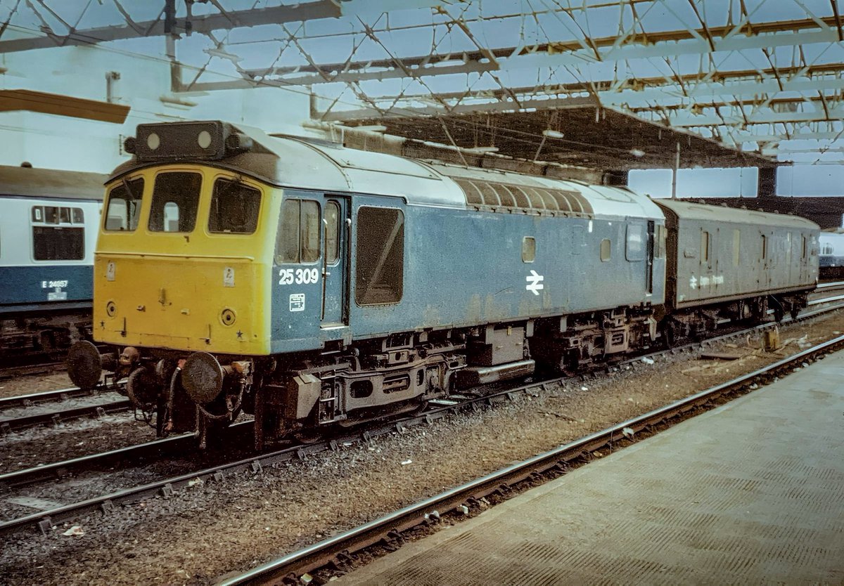 miles_chains's tweet image. 25309 Stands in the holding sidings at Carlisle with a GUV for company. The Rat was later renumbered as 25909 for the industrial mineral traffic in the North West; it survives today in preservation.
#Class25 #Rat #Carlisle #BritishRail