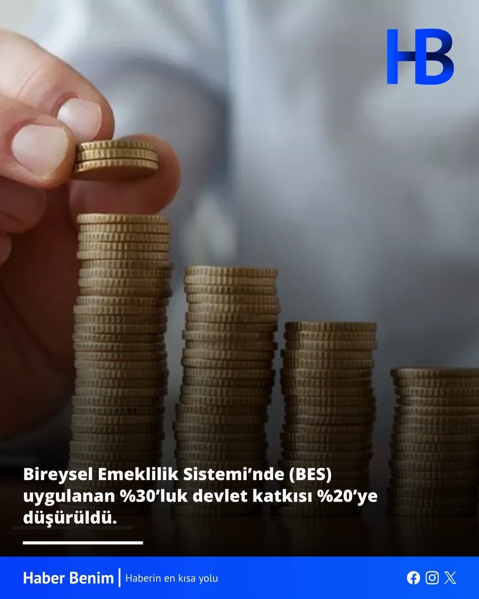 HaberBenimX's tweet photo. Bireysel Emeklilik Sistemi’nde (BES) uygulanan %30’luk devlet katkısı %20’ye düşürüldü. 

#haberbenim #haberler #emeklilik https://t.co/aYu8298Z71