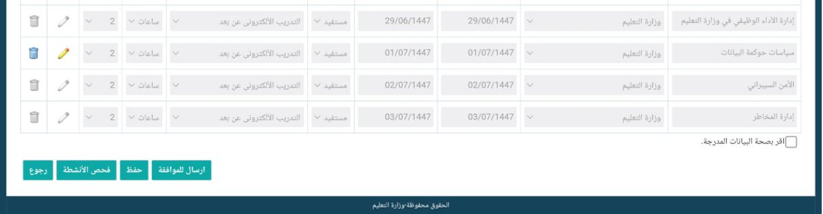 Reef_Sabay's tweet photo. @BadrAL_Balawi 
السلام عليكم أستاذ بدر

قمت بإضافة البرامج الإلزامية في التطوير المهني وإرسالها للمدير وتم اعتمادها ، لكن لايزال أحد البرامج بلون أصفر ، حتى بعد إرساله مرة أخرى واعتماده .
ما الحل في هذا الحالة؟
هل أقوم بحذف البرنامج التدريبي وإضافته مرة أخرى ؟ https://t.co/fwEy5usyOD
