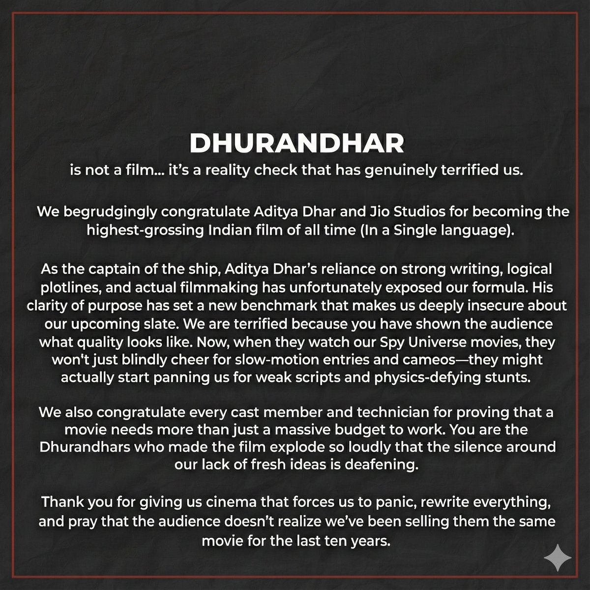 TejR255077's tweet photo. @yrf What YRF really wants to say (The Honest Version) https://t.co/Xmi7dfWSrL